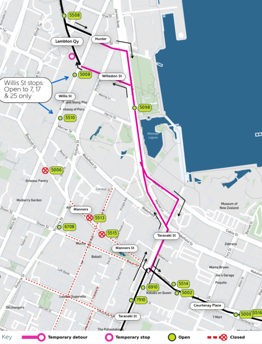 image shows detour and closed stops