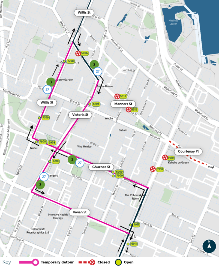image shows detour and closed stops