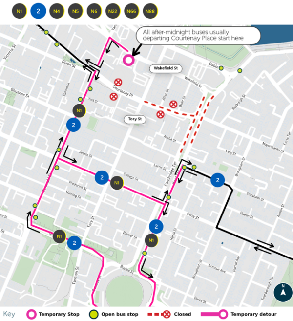 Image shows closed stops and alternative stops for after midninght services