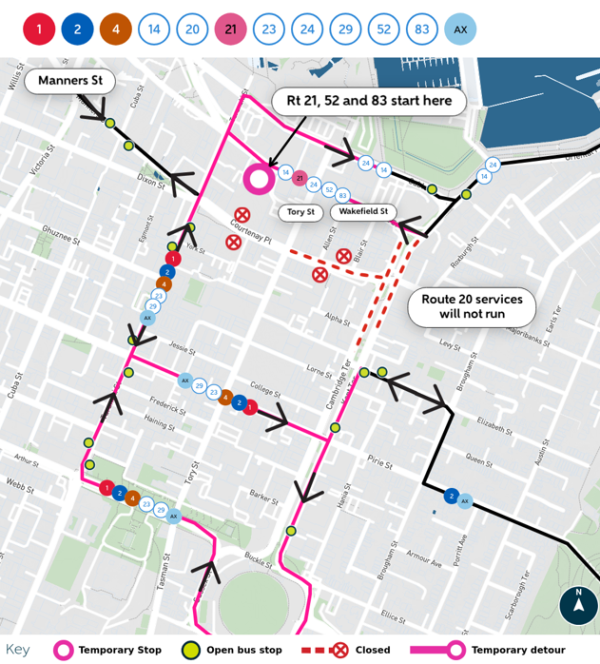 Image shows closed stops and alternative stops