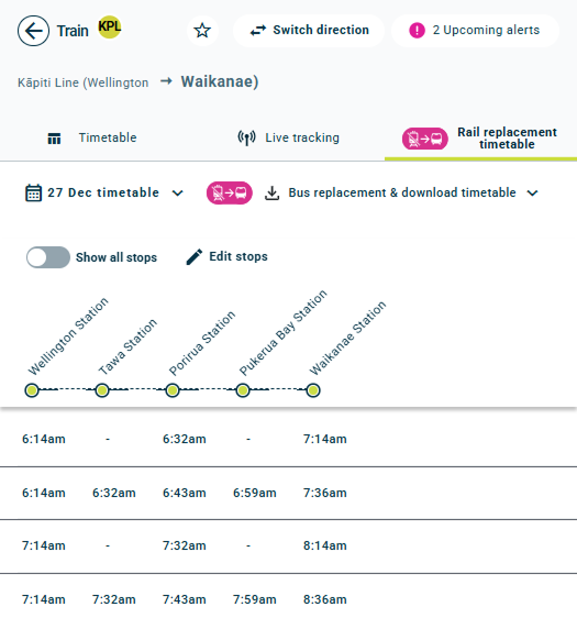 An example timetable for a Buses Replacing Trains service