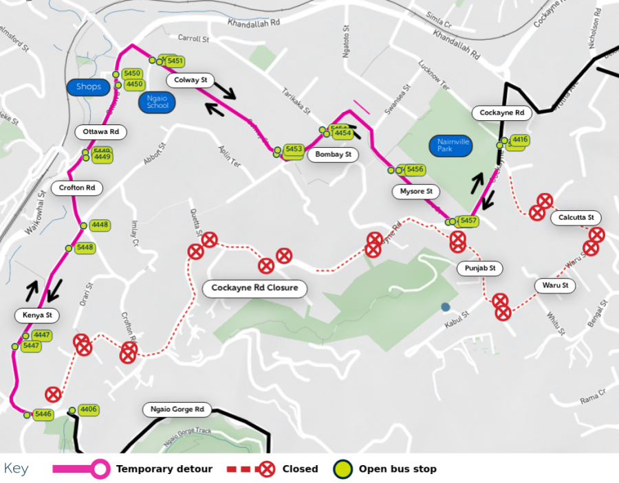 image shows detour and closed and open stops