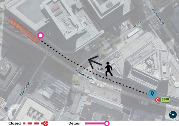 map shows closed stop and pedestrian path to temporary stop