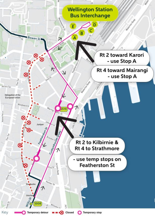 image shows detour and closed stops