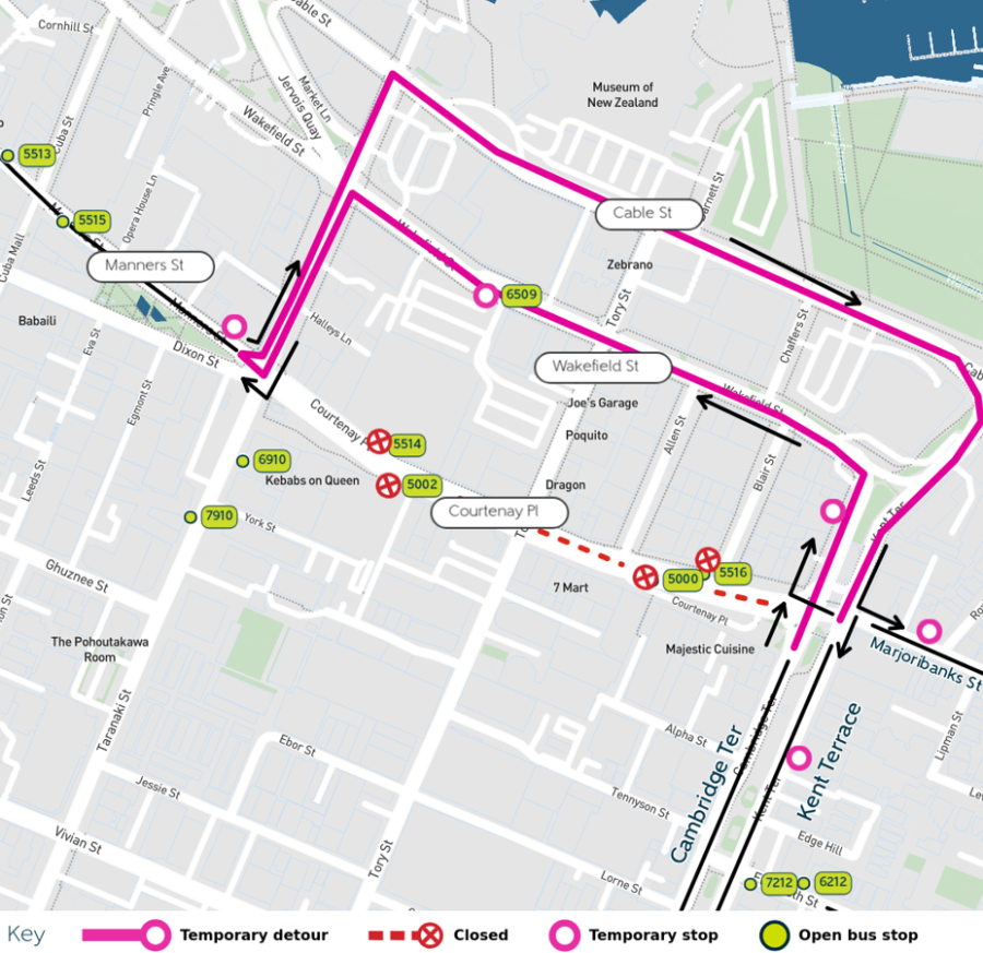image shows detours, temporary and closed stops
