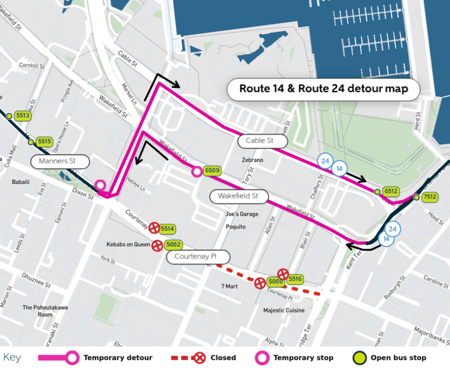 image shows detours, temprary and closed stops