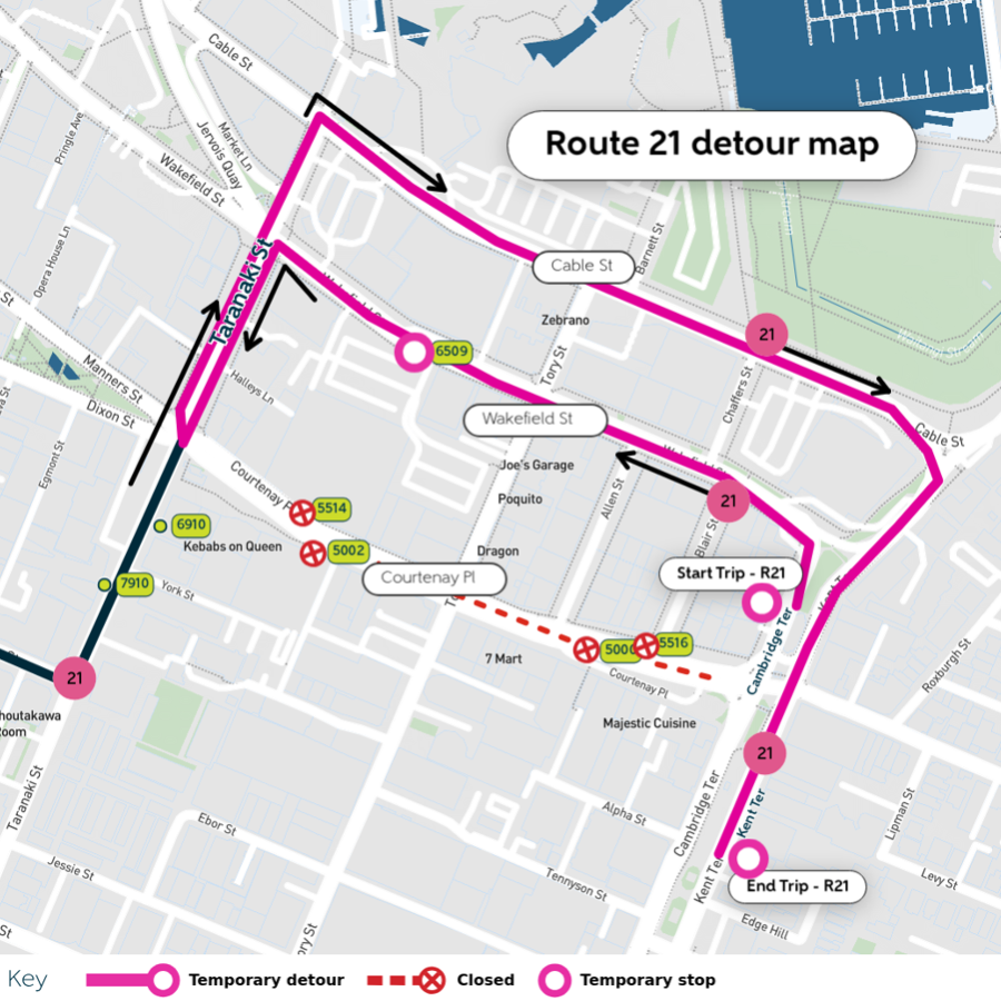 image shows detours, temporary and closed stops