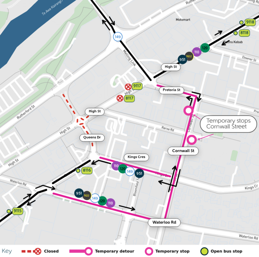 Image shows detour route, closed stops, temp and open stops