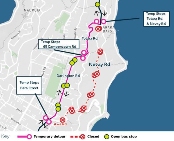 image shows detour and closed, temp stops