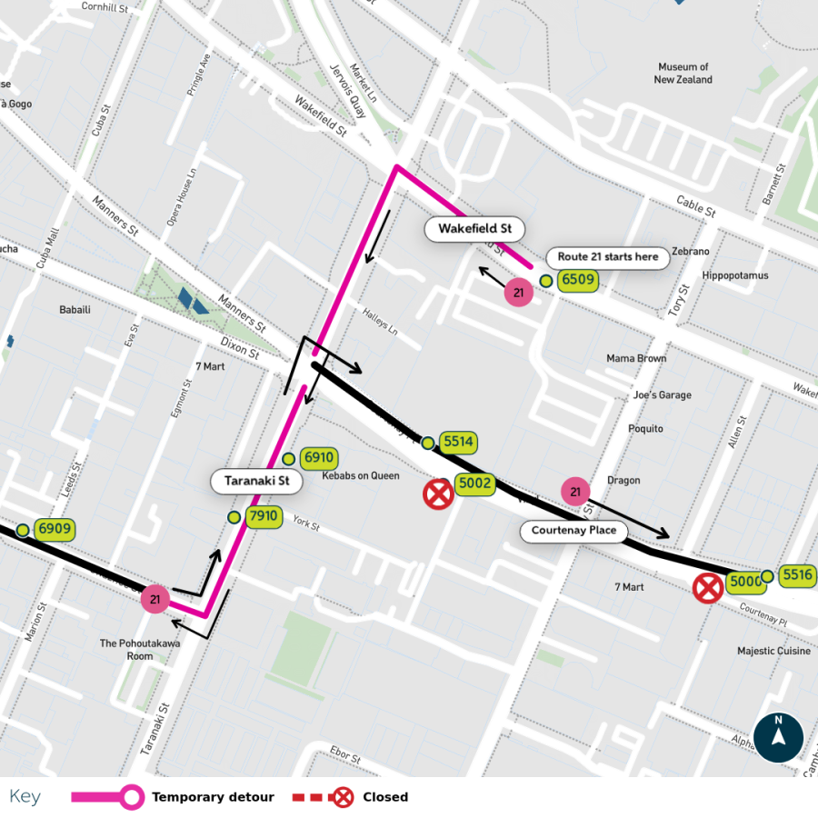 image shows detour and closed stops