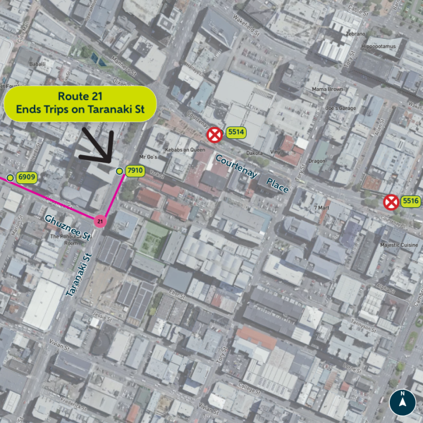 Image shows end trip for Rt 21 and closed stops on Courtenay Place
